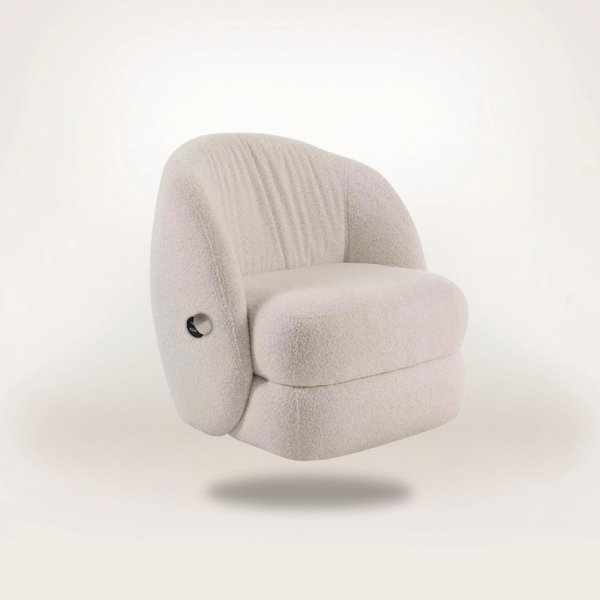 Biscuit Armchair – Super Bouclé Fabric in Cream with USB Port